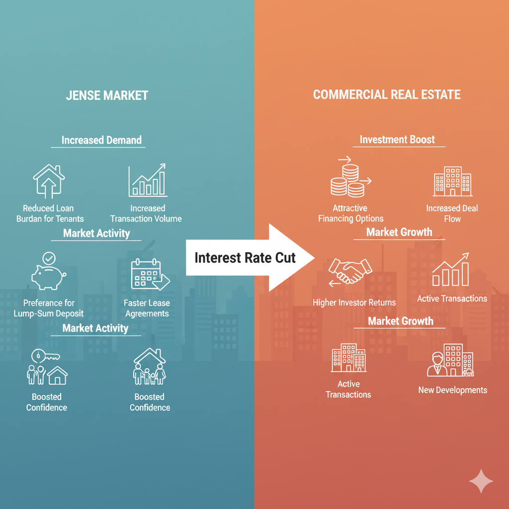 금리 인하가 전세와 상업용 부동산 시장에 미치는 영향을 시각적으로 표현한 이미지